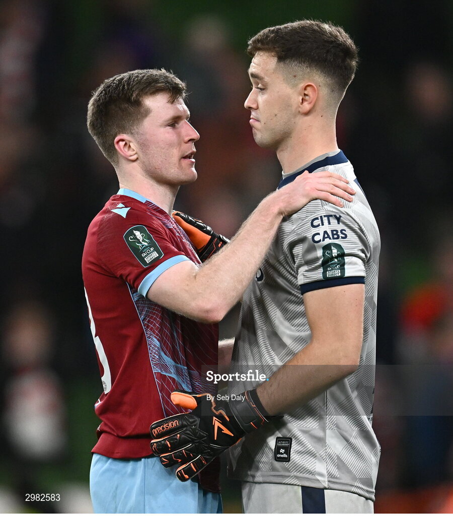 10 November 2024; Conor Kane of Drogheda United, left, consoles Derry City goalkeeper Brian Maher after the Sports Direct Men's FAI Cup Final match between Drogheda United and Derry City at the Aviva Stadium in Dublin. Photo by Seb Daly/Sportsfile