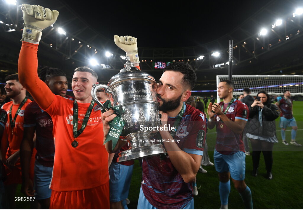 10 November 2024; Dave Webster of Drogheda United celebrates with the FAI cup after the Sports Direct Men's FAI Cup Final match between Drogheda United and Derry City at the Aviva Stadium in Dublin. Photo by Stephen McCarthy/Sportsfile