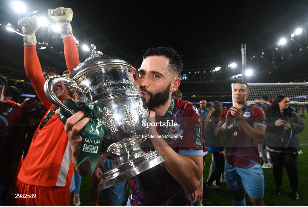 10 November 2024; Dave Webster of Drogheda United celebrates with the FAI cup after the Sports Direct Men's FAI Cup Final match between Drogheda United and Derry City at the Aviva Stadium in Dublin. Photo by Stephen McCarthy/Sportsfile