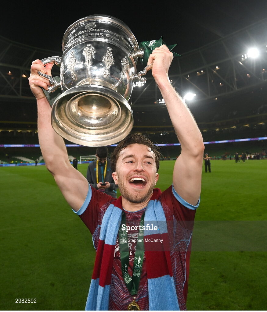 10 November 2024; Darragh Markey of Drogheda United celebrates with the FAI cup after the Sports Direct Men's FAI Cup Final match between Drogheda United and Derry City at the Aviva Stadium in Dublin. Photo by Stephen McCarthy/Sportsfile