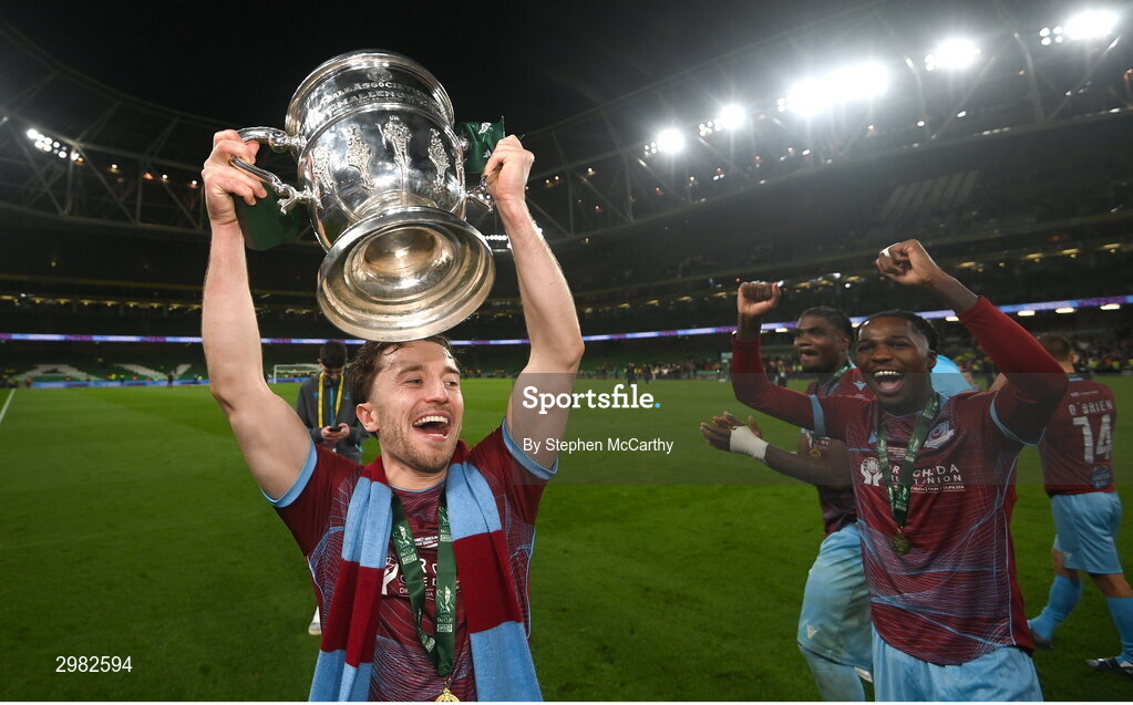 10 November 2024; Darragh Markey of Drogheda United celebrates with the FAI cup after the Sports Direct Men's FAI Cup Final match between Drogheda United and Derry City at the Aviva Stadium in Dublin. Photo by Stephen McCarthy/Sportsfile