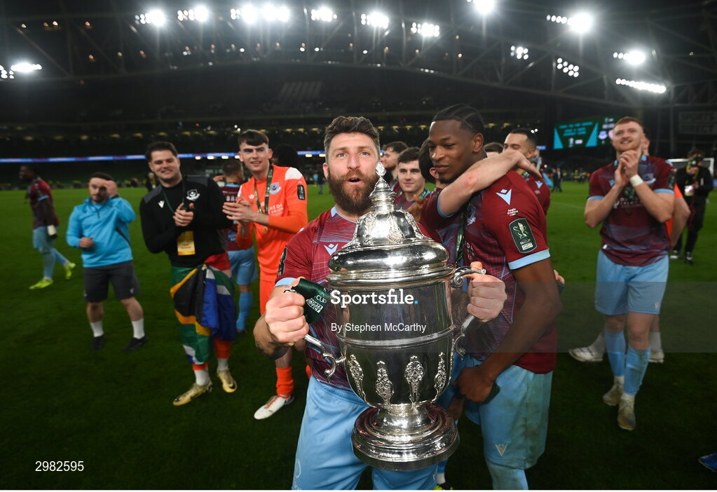 10 November 2024; Gary Deegan of Drogheda United celebrates with the FAI cup after the Sports Direct Men's FAI Cup Final match between Drogheda United and Derry City at the Aviva Stadium in Dublin. Photo by Stephen McCarthy/Sportsfile