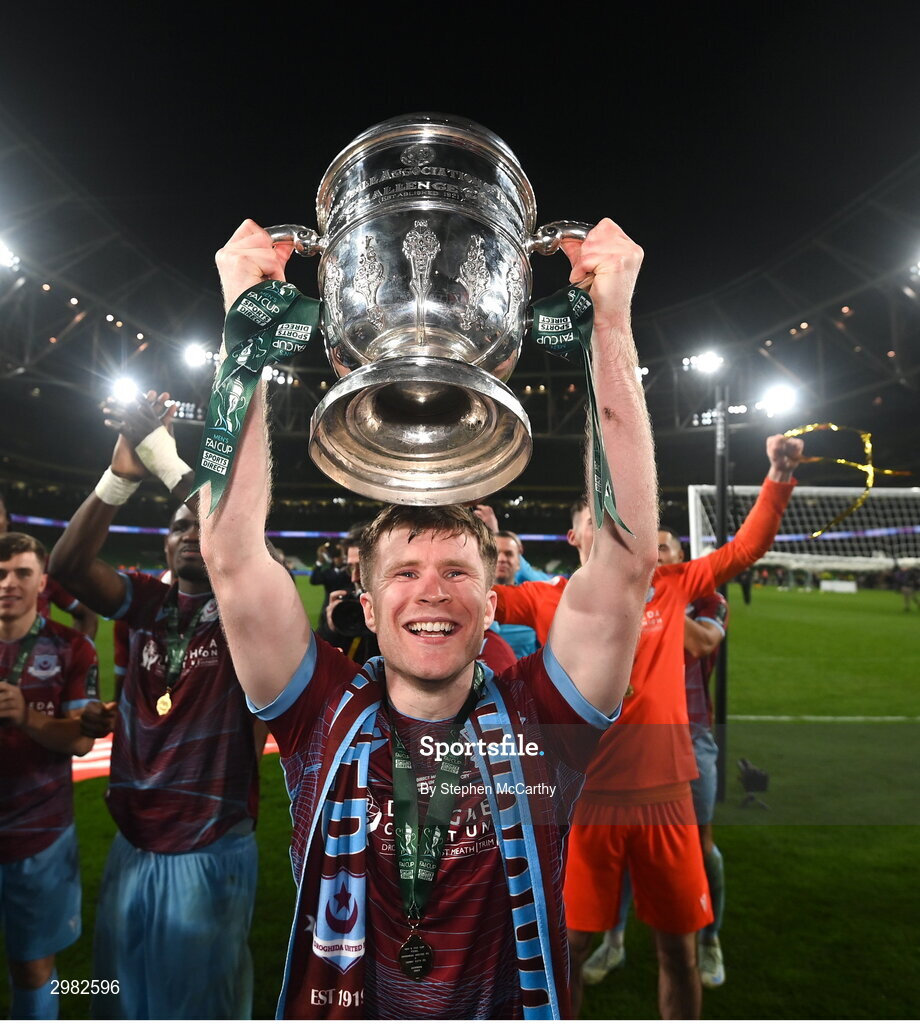 10 November 2024; Conor Kane of Drogheda United celebrates with the FAI cup after the Sports Direct Men's FAI Cup Final match between Drogheda United and Derry City at the Aviva Stadium in Dublin. Photo by Stephen McCarthy/Sportsfile