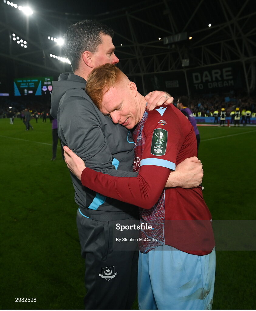 10 November 2024; Drogheda United manager Kevin Doherty celebrates with Shane Farrell after the Sports Direct Men's FAI Cup Final match between Drogheda United and Derry City at the Aviva Stadium in Dublin. Photo by Stephen McCarthy/Sportsfile