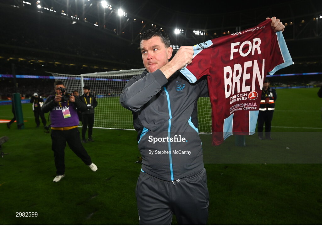 10 November 2024; Drogheda United manager Kevin Doherty celebrates after the Sports Direct Men's FAI Cup Final match between Drogheda United and Derry City at the Aviva Stadium in Dublin. Photo by Stephen McCarthy/Sportsfile