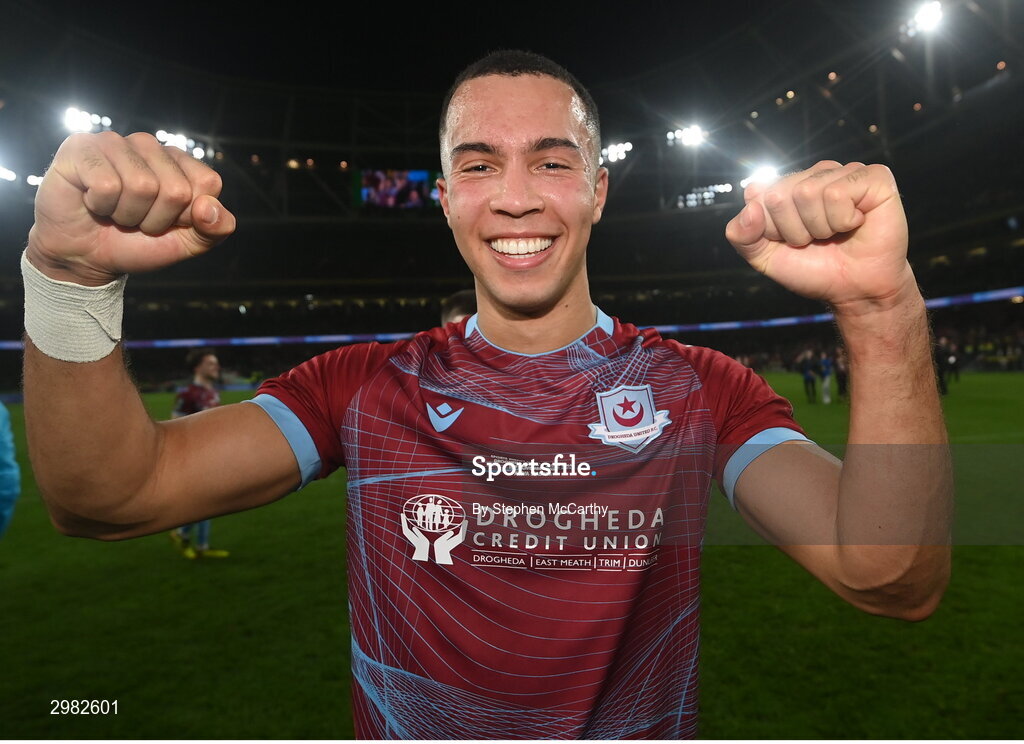 10 November 2024; Douglas James-Taylor of Drogheda United celebrates after the Sports Direct Men's FAI Cup Final match between Drogheda United and Derry City at the Aviva Stadium in Dublin. Photo by Stephen McCarthy/Sportsfile