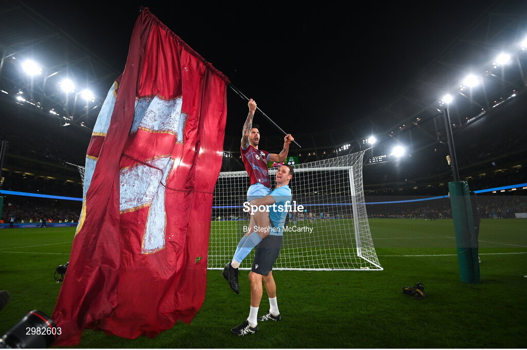 10 November 2024; Adam Foley of Drogheda United celebrates with assistant manager Daire Doyle after the Sports Direct Men's FAI Cup Final match between Drogheda United and Derry City at the Aviva Stadium in Dublin. Photo by Stephen McCarthy/Sportsfile