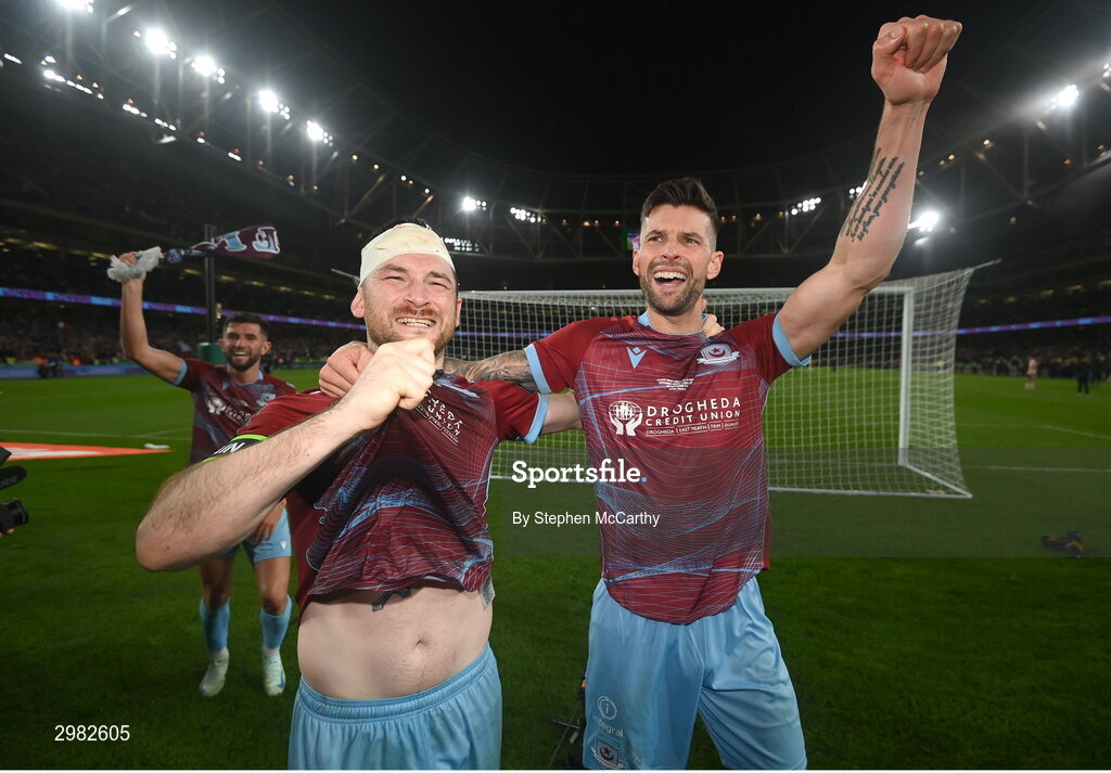 10 November 2024; Ryan Brennan, left, and Adam Foley of Drogheda United celebrate after the Sports Direct Men's FAI Cup Final match between Drogheda United and Derry City at the Aviva Stadium in Dublin. Photo by Stephen McCarthy/Sportsfile