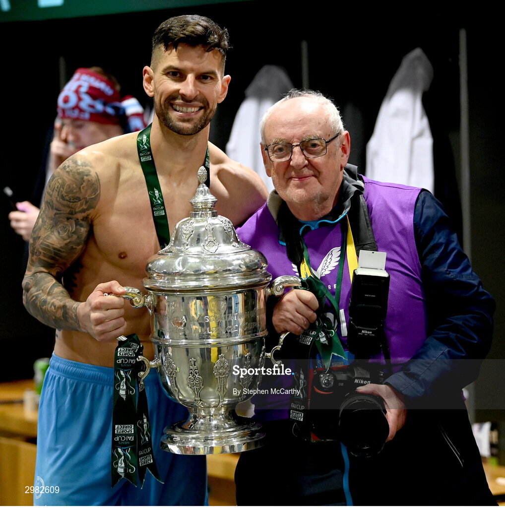 10 November 2024; Adam Foley of Drogheda United and Larry McQuillan after the Sports Direct Men's FAI Cup Final match between Drogheda United and Derry City at the Aviva Stadium in Dublin. Photo by Stephen McCarthy/Sportsfile