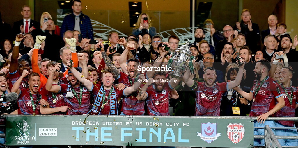10 November 2024; Drogheda United captain Gary Deegan and teammate Ryan Brennan lift the FAI Cup after the Sports Direct Men's FAI Cup Final match between Drogheda United and Derry City at the Aviva Stadium in Dublin. Photo by Stephen McCarthy/Sportsfile