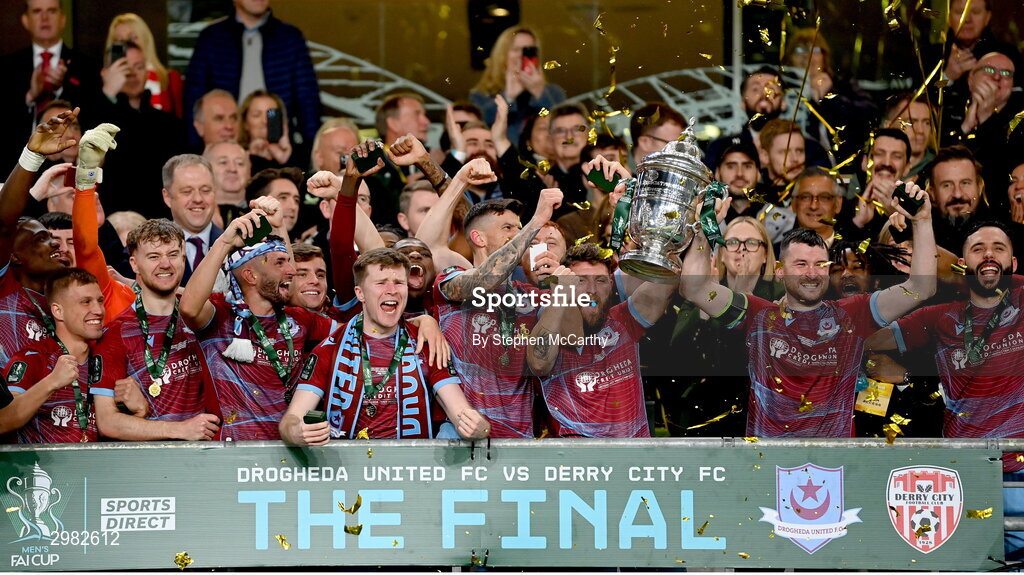 10 November 2024; Drogheda United captain Gary Deegan and teammate Ryan Brennan lift the FAI Cup after the Sports Direct Men's FAI Cup Final match between Drogheda United and Derry City at the Aviva Stadium in Dublin. Photo by Stephen McCarthy/Sportsfile