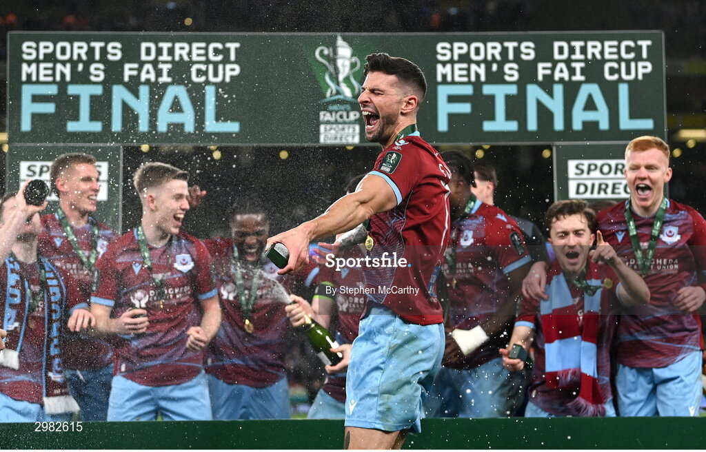 10 November 2024; Adam Foley of Drogheda United celebrates after the Sports Direct Men's FAI Cup Final match between Drogheda United and Derry City at the Aviva Stadium in Dublin. Photo by Stephen McCarthy/Sportsfile