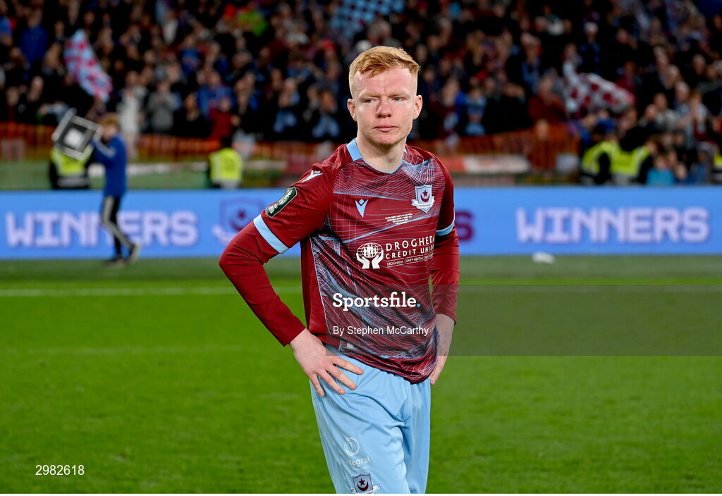 10 November 2024; Shane Farrell of Drogheda United after the final whistle of the Sports Direct Men's FAI Cup Final match between Drogheda United and Derry City at the Aviva Stadium in Dublin. Photo by Stephen McCarthy/Sportsfile