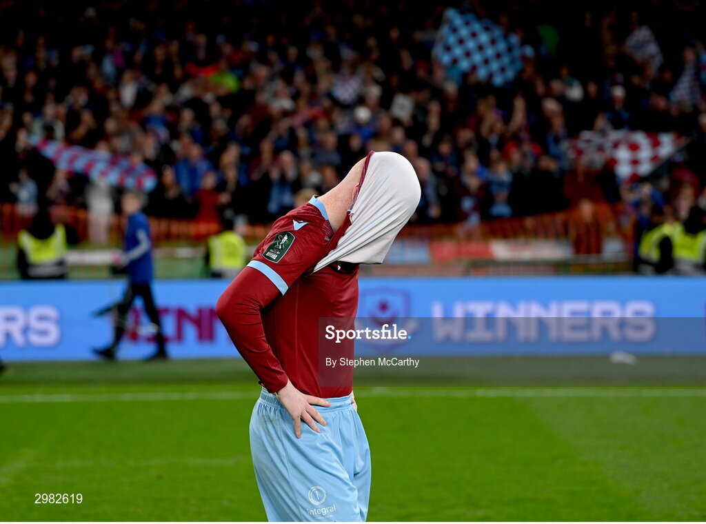 10 November 2024; Shane Farrell of Drogheda United after the final whistle of the Sports Direct Men's FAI Cup Final match between Drogheda United and Derry City at the Aviva Stadium in Dublin. Photo by Stephen McCarthy/Sportsfile