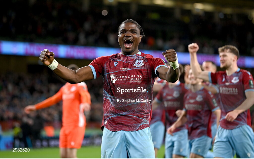 10 November 2024; Frantz Pierrot of Drogheda United celebrates after the Sports Direct Men's FAI Cup Final match between Drogheda United and Derry City at the Aviva Stadium in Dublin. Photo by Stephen McCarthy/Sportsfile