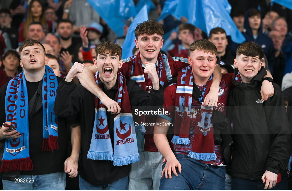 10 November 2024; Drogheda United supporters after the Sports Direct Men's FAI Cup Final match between Drogheda United and Derry City at the Aviva Stadium in Dublin. Photo by Stephen McCarthy/Sportsfile