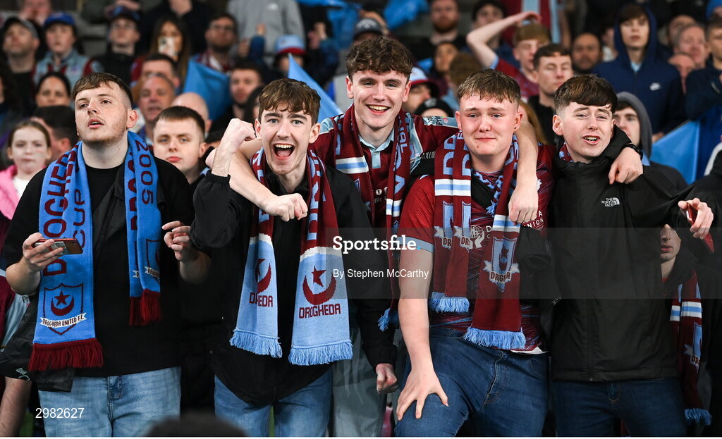 10 November 2024; Drogheda United supporters after the Sports Direct Men's FAI Cup Final match between Drogheda United and Derry City at the Aviva Stadium in Dublin. Photo by Stephen McCarthy/Sportsfile