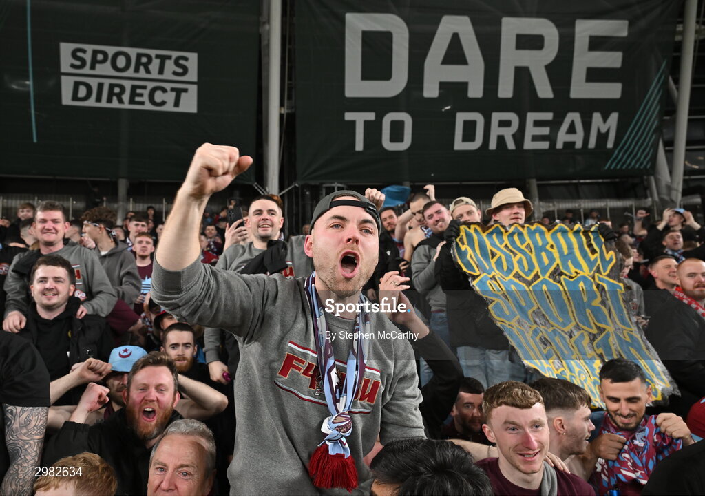 10 November 2024; Drogheda United supporters during the Sports Direct Men's FAI Cup Final match between Drogheda United and Derry City at the Aviva Stadium in Dublin. Photo by Stephen McCarthy/Sportsfile