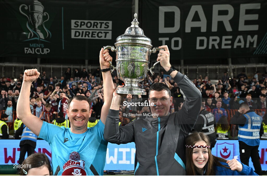 10 November 2024; Drogheda United manager Kevin Doherty, right, and assistant manager assistant manager Daire Doyle celebrate with the cup after the Sports Direct Men's FAI Cup Final match between Drogheda United and Derry City at the Aviva Stadium in Dublin. Photo by Stephen McCarthy/Sportsfile