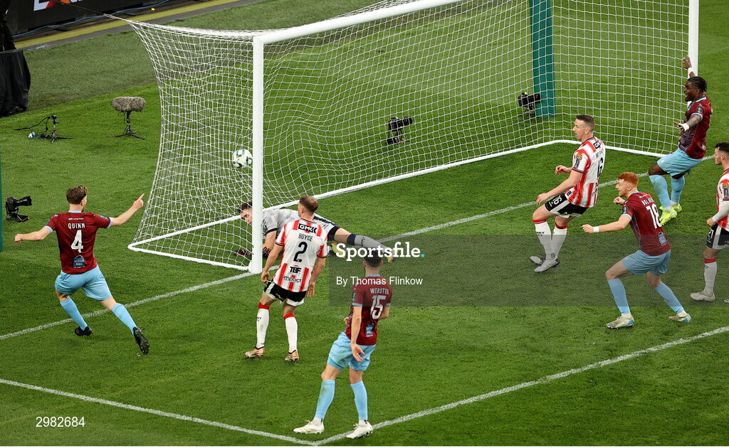 10 November 2024; Andrew Quinn of Drogheda United, left, celebrates after scoring his side's first goal during the Sports Direct Men's FAI Cup Final match between Drogheda United and Derry City at the Aviva Stadium in Dublin. Photo by Thomas Flinkow/Sportsfile