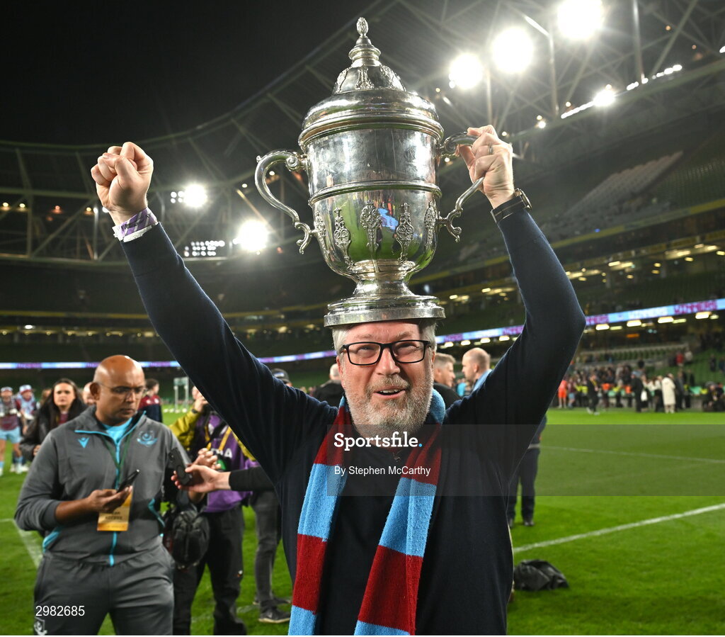 10 November 2024; Conor Hoey celebrates with the cup after the Sports Direct Men's FAI Cup Final match between Drogheda United and Derry City at the Aviva Stadium in Dublin. Photo by Stephen McCarthy/Sportsfile