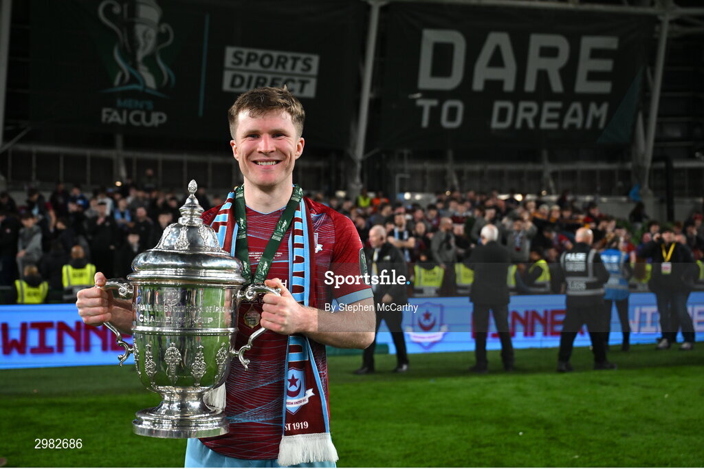 10 November 2024; Conor Kane of Drogheda United celebrates with the cup after the Sports Direct Men's FAI Cup Final match between Drogheda United and Derry City at the Aviva Stadium in Dublin. Photo by Stephen McCarthy/Sportsfile