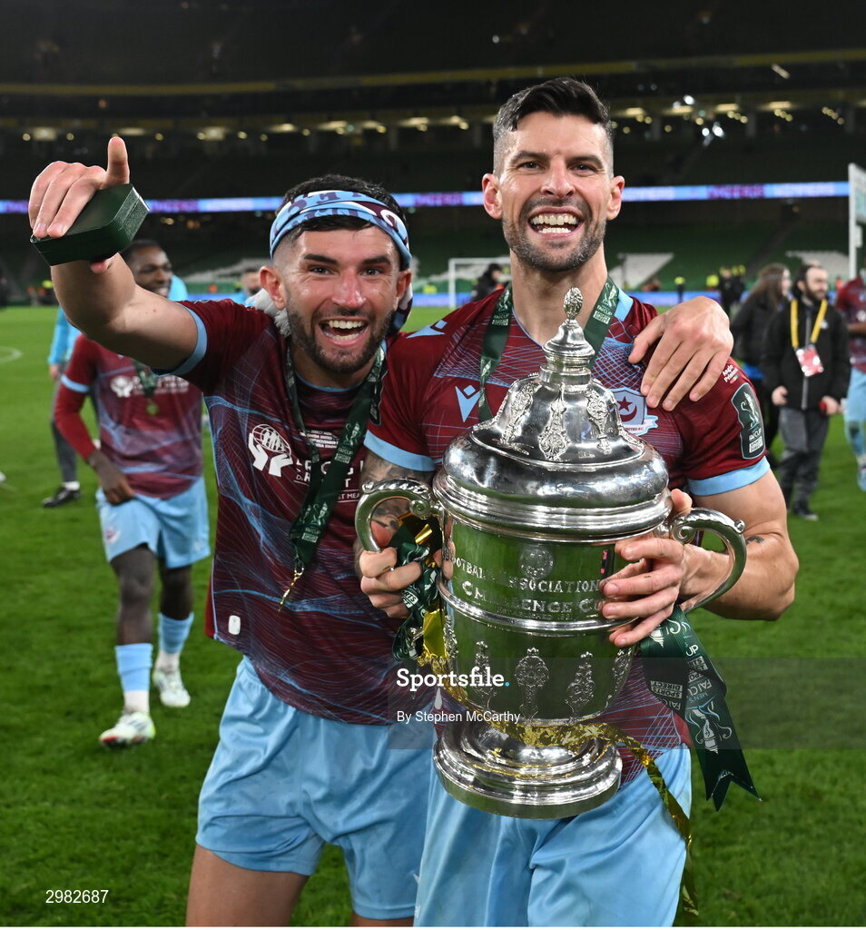 10 November 2024; Luke Heeney, left, and Adam Foley of Drogheda United celebrate with the cup after the Sports Direct Men's FAI Cup Final match between Drogheda United and Derry City at the Aviva Stadium in Dublin. Photo by Stephen McCarthy/Sportsfile