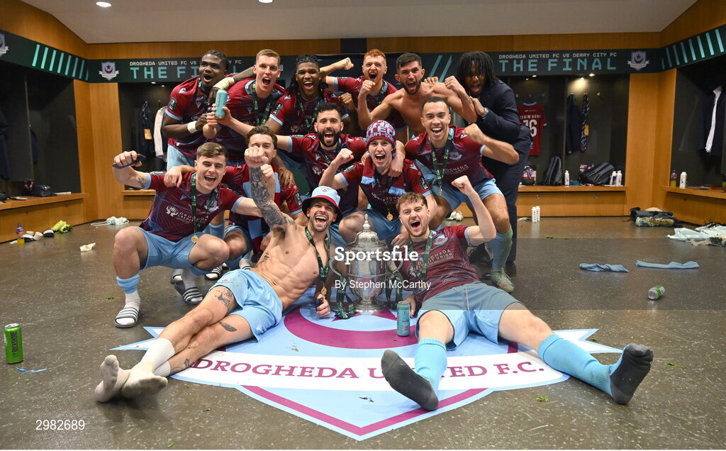 10 November 2024; Drogheda United players celebrate with the FAI cup after the Sports Direct Men's FAI Cup Final match between Drogheda United and Derry City at the Aviva Stadium in Dublin. Photo by Stephen McCarthy/Sportsfile