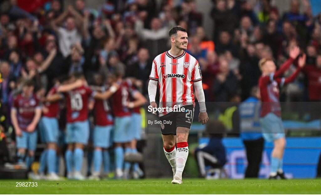 10 November 2024; Danny Mullen of Derry City after his side conceded a first goal during the Sports Direct Men's FAI Cup Final match between Drogheda United and Derry City at the Aviva Stadium in Dublin. Photo by Seb Daly/Sportsfile
