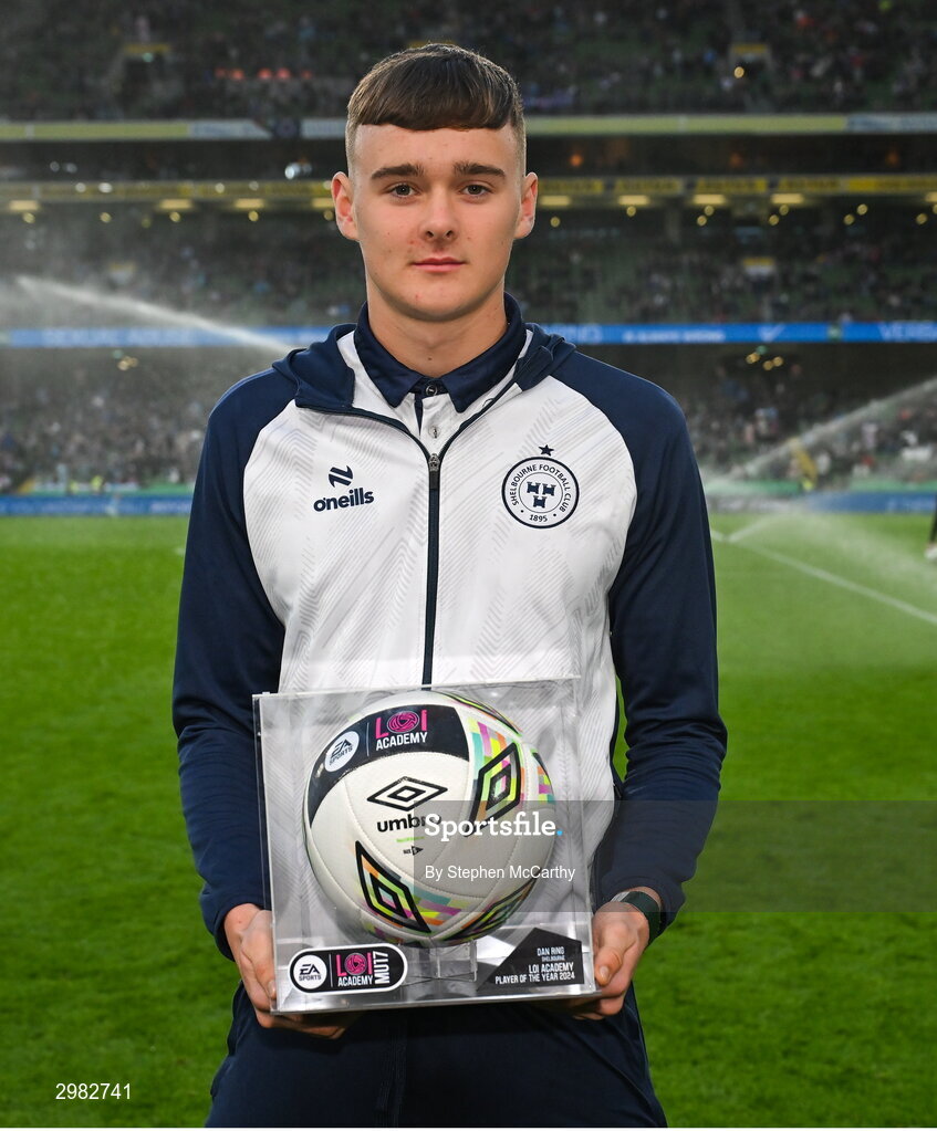 10 November 2024; EA SPORTS MU17 LOI Academy Player of the Season 2024 Dan Ring of Shelbourne at half-time of the Sports Direct Men's FAI Cup Final match between Drogheda United and Derry City at the Aviva Stadium in Dublin. Photo by Stephen McCarthy/Sportsfile