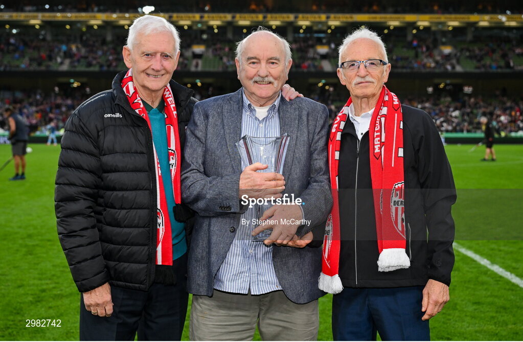 10 November 2024; Derry City Hall of Fame recipients Terry Harkin, Eddie Mahon and Tony O’Doherty at the FAI Presentations ceremony before the 2024 Sports Direct Men’s FAI Cup Final between Derry City and Drogheda United at the Aviva Stadium in Dublin. Photo by Stephen McCarthy/Sportsfile