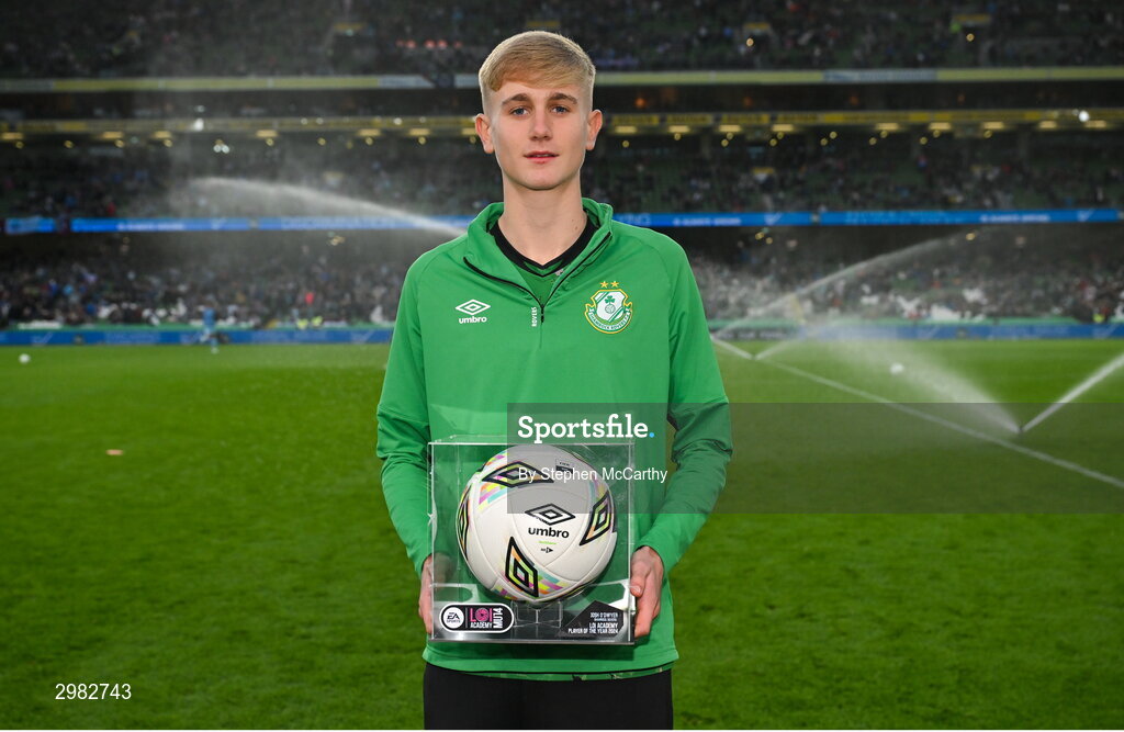 10 November 2024; EA SPORTS MU14 LOI Academy Player of the Season 2024 Josh O’Dwyer of Shamrock Rovers at half-time of the Sports Direct Men's FAI Cup Final match between Drogheda United and Derry City at the Aviva Stadium in Dublin. Photo by Stephen McCarthy/Sportsfile