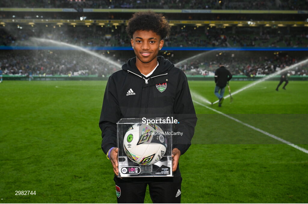 10 November 2024; EA SPORTS MU15 LOI Academy Player of the Season 2024 David Dunne of Cork City at half-time of the Sports Direct Men's FAI Cup Final match between Drogheda United and Derry City at the Aviva Stadium in Dublin. Photo by Stephen McCarthy/Sportsfile