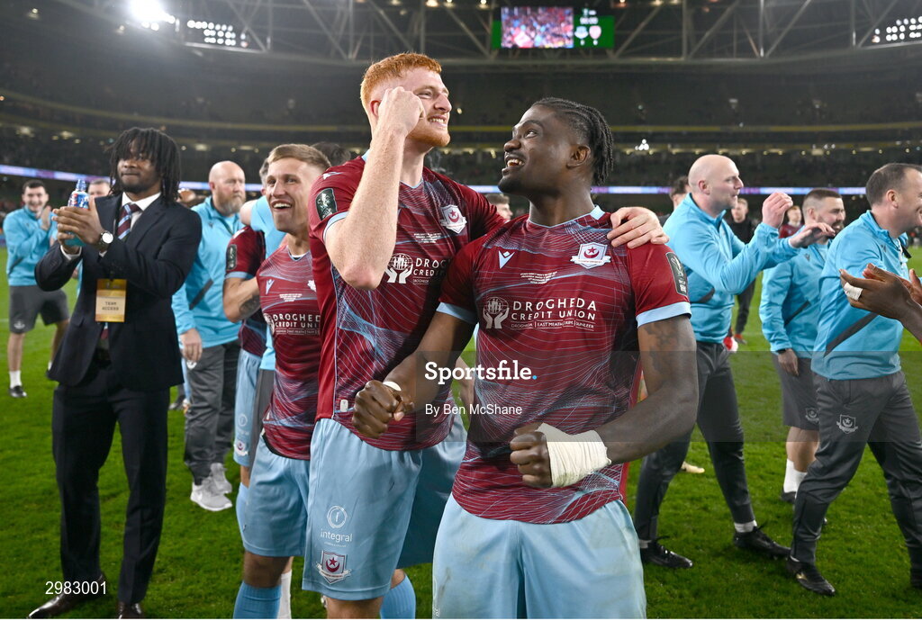 10 November 2024; James Bolger, left, and Frantz Pierrot of Drogheda United celebrate after the Sports Direct Men's FAI Cup Final match between Drogheda United and Derry City at the Aviva Stadium in Dublin. Photo by Ben McShane/Sportsfile