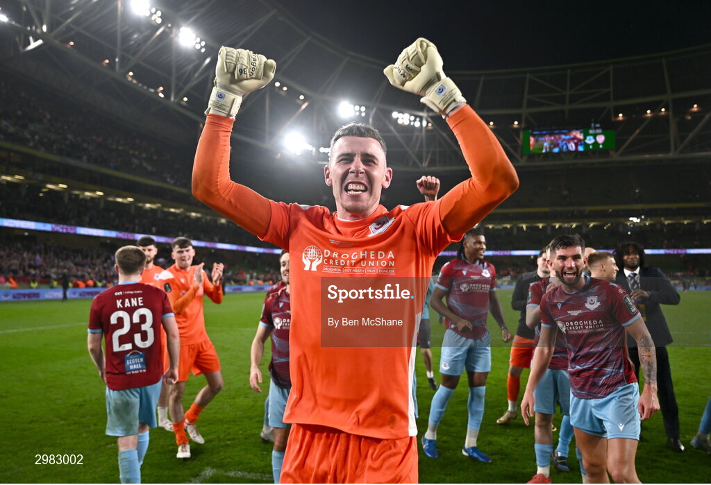 10 November 2024; Drogheda United goalkeeper Luke Dennison celebrates after the Sports Direct Men's FAI Cup Final match between Drogheda United and Derry City at the Aviva Stadium in Dublin. Photo by Ben McShane/Sportsfile