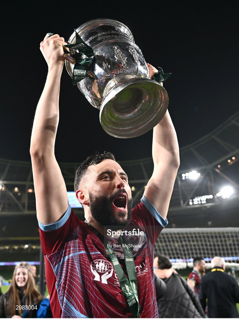 10 November 2024; Dave Webster of Drogheda United celebrates with the cup after the Sports Direct Men's FAI Cup Final match between Drogheda United and Derry City at the Aviva Stadium in Dublin. Photo by Ben McShane/Sportsfile