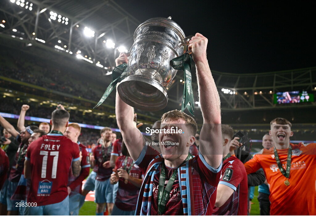 10 November 2024; Conor Kane of Drogheda United celebrates with the cup after the Sports Direct Men's FAI Cup Final match between Drogheda United and Derry City at the Aviva Stadium in Dublin. Photo by Ben McShane/Sportsfile