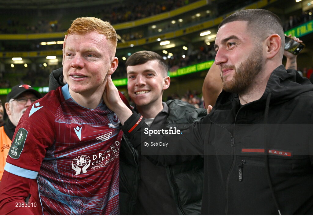 10 November 2024; Shane Farrell of Drogheda United celebrates with supporters after the Sports Direct Men's FAI Cup Final match between Drogheda United and Derry City at the Aviva Stadium in Dublin. Photo by Seb Daly/Sportsfile