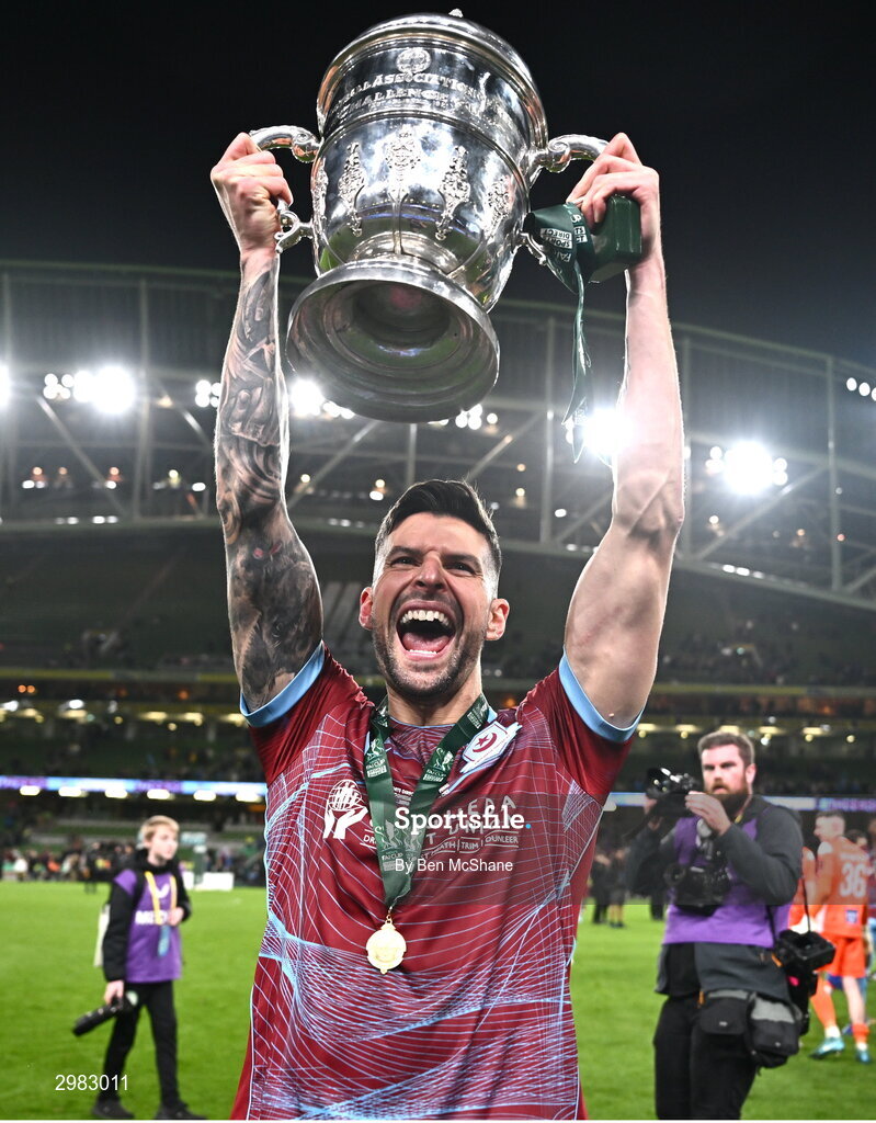 10 November 2024; Adam Foley of Drogheda United celebrates with the cup after the Sports Direct Men's FAI Cup Final match between Drogheda United and Derry City at the Aviva Stadium in Dublin. Photo by Ben McShane/Sportsfile