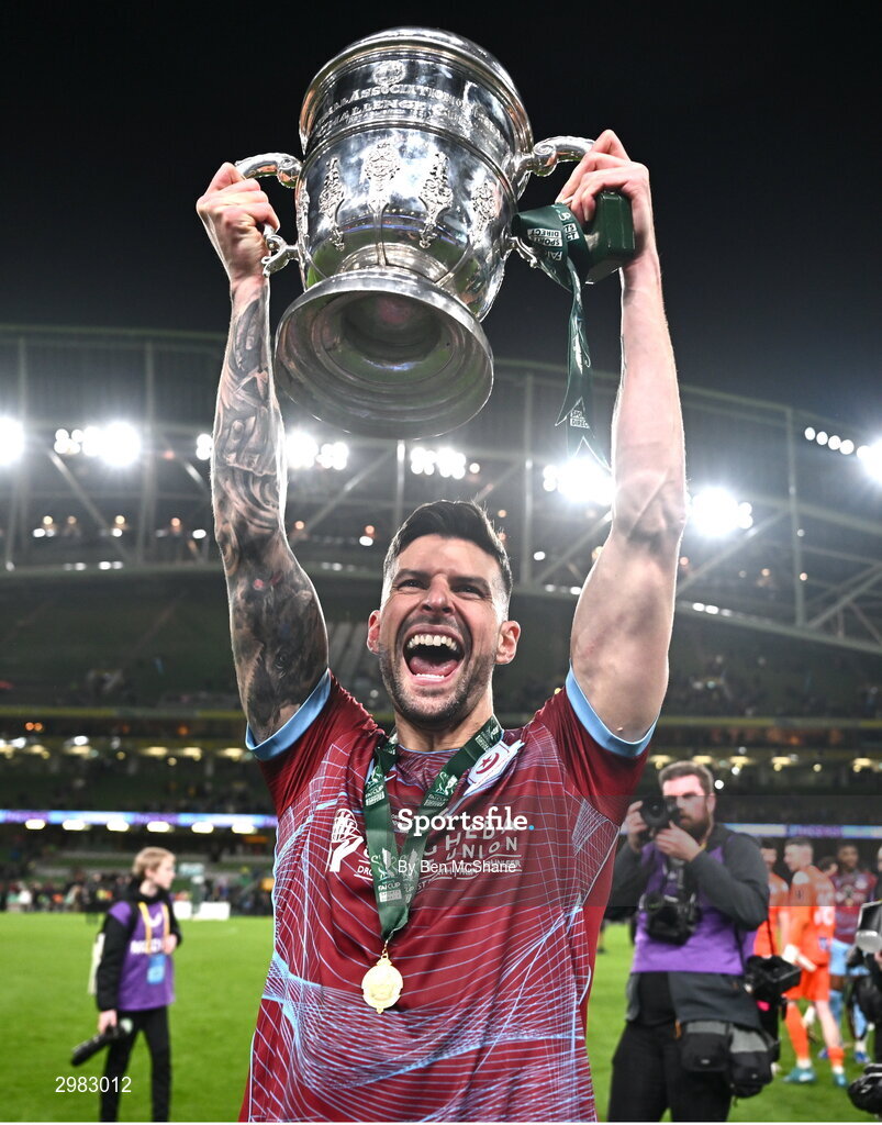 10 November 2024; Adam Foley of Drogheda United celebrates with the cup after the Sports Direct Men's FAI Cup Final match between Drogheda United and Derry City at the Aviva Stadium in Dublin. Photo by Ben McShane/Sportsfile
