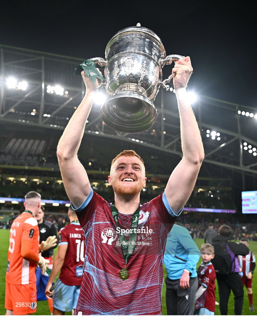 10 November 2024; James Bolger of Drogheda United celebrates with the cup after the Sports Direct Men's FAI Cup Final match between Drogheda United and Derry City at the Aviva Stadium in Dublin. Photo by Ben McShane/Sportsfile