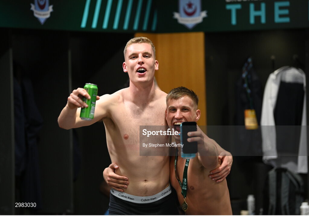 10 November 2024; Drogheda United's Jack Keaney, left, and Matthew O'Brien celebrate after the Sports Direct Men's FAI Cup Final match between Drogheda United and Derry City at the Aviva Stadium in Dublin. Photo by Stephen McCarthy/Sportsfile