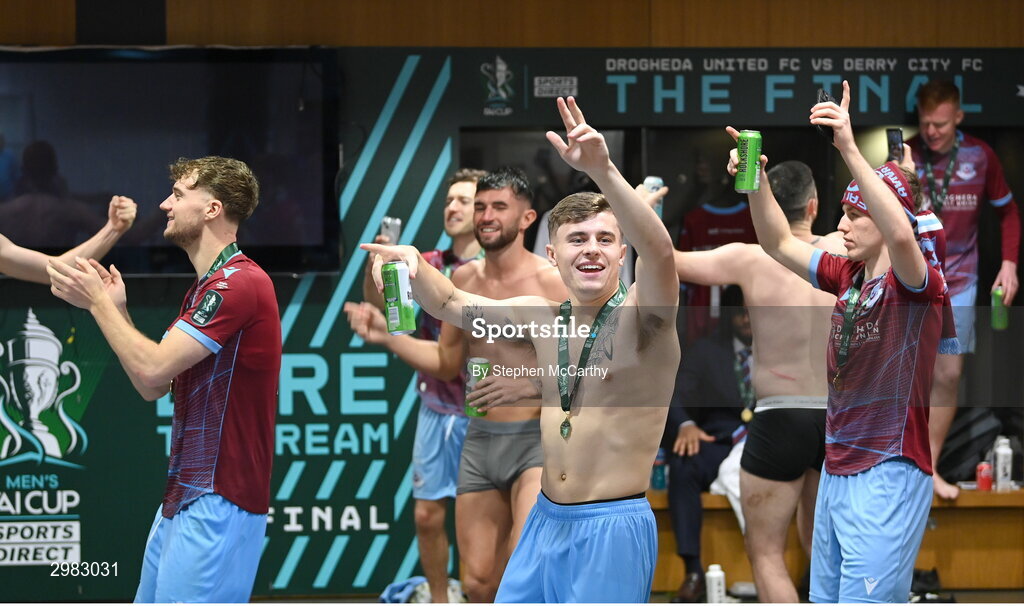 10 November 2024; Aaron McNally of Drogheda United celebrates in the dressing room with team-mates after the Sports Direct Men's FAI Cup Final match between Drogheda United and Derry City at the Aviva Stadium in Dublin. Photo by Stephen McCarthy/Sportsfile