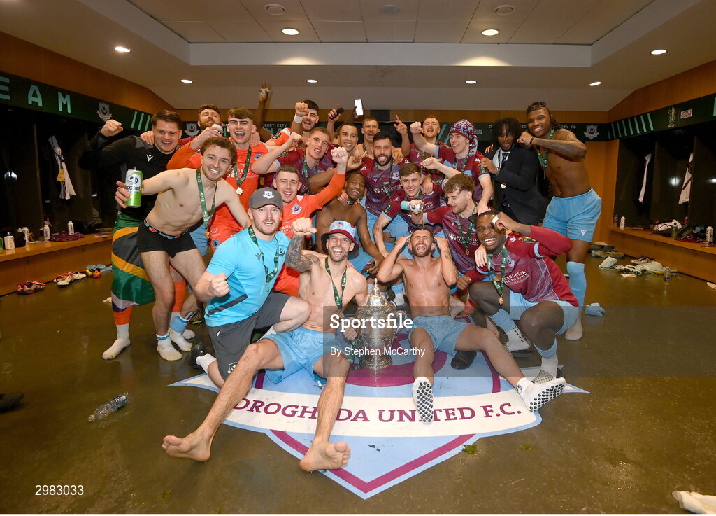 10 November 2024; Drogheda United players and staff celebrate in the dressing room after the Sports Direct Men's FAI Cup Final match between Drogheda United and Derry City at the Aviva Stadium in Dublin. Photo by Stephen McCarthy/Sportsfile