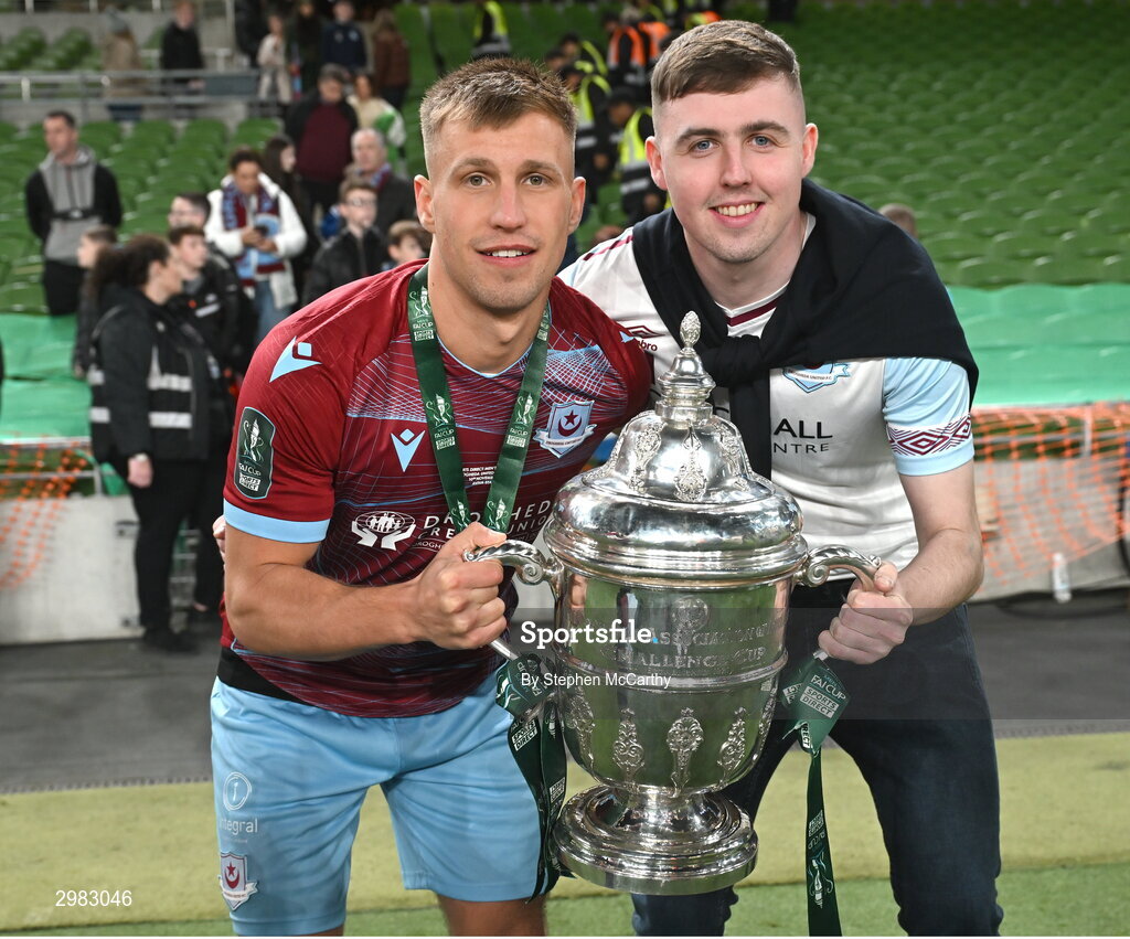 10 November 2024; Matthew O'Brien of Drogheda United, left, celebrates with the FAI Cup after the Sports Direct Men's FAI Cup Final match between Drogheda United and Derry City at the Aviva Stadium in Dublin. Photo by Stephen McCarthy/Sportsfile