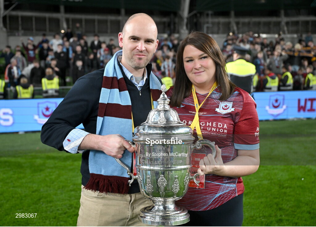 10 November 2024; Drogheda United's Ben Boycott and chairperson Joanna Byrne after the Sports Direct Men's FAI Cup Final match between Drogheda United and Derry City at the Aviva Stadium in Dublin. Photo by Stephen McCarthy/Sportsfile