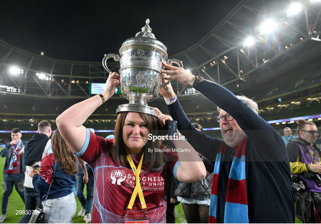 10 November 2024; Drogheda United chairperson Joanna Byrne and Conor Hoey celebrate with the FAI Cup after the Sports Direct Men's FAI Cup Final match between Drogheda United and Derry City at the Aviva Stadium in Dublin. Photo by Stephen McCarthy/Sportsfile