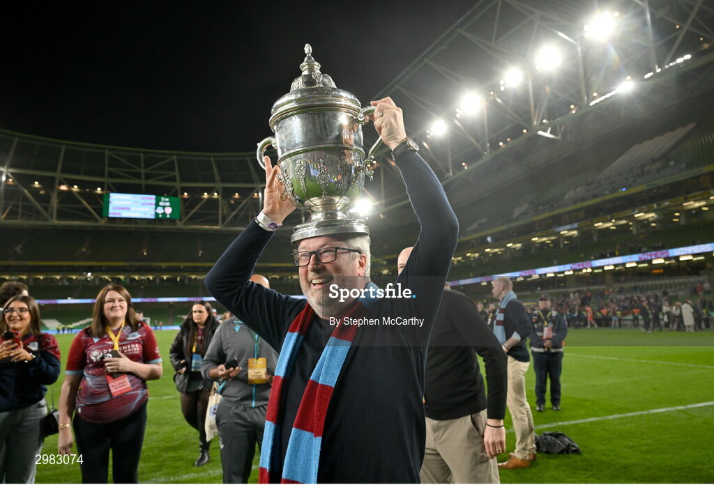 10 November 2024; Conor Hoey celebrates with the FAI Cup after the Sports Direct Men's FAI Cup Final match between Drogheda United and Derry City at the Aviva Stadium in Dublin. Photo by Stephen McCarthy/Sportsfile