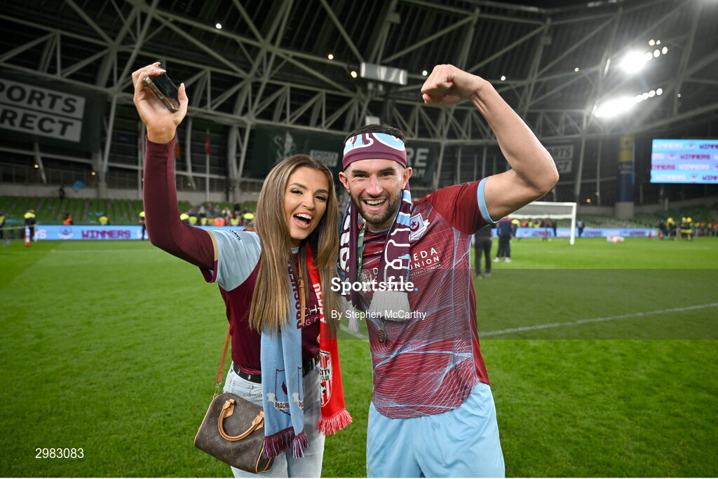 10 November 2024; Luke Heeney of Drogheda United celebrates with his sister Katie after the Sports Direct Men's FAI Cup Final match between Drogheda United and Derry City at the Aviva Stadium in Dublin. Photo by Stephen McCarthy/Sportsfile