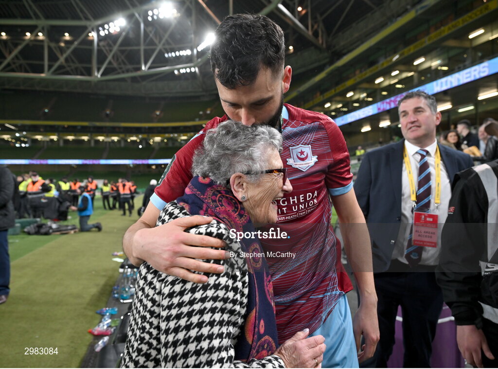 10 November 2024; Dave Webster of Drogheda United with his grandmother Rita after the Sports Direct Men's FAI Cup Final match between Drogheda United and Derry City at the Aviva Stadium in Dublin. Photo by Stephen McCarthy/Sportsfile